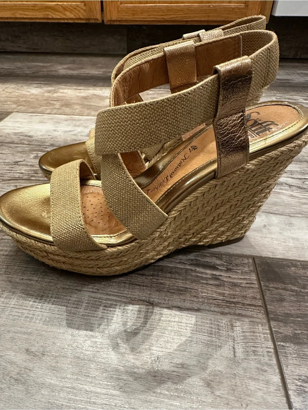 Sofft Metallic Gold Elastic-Strap Espadrille Wedges